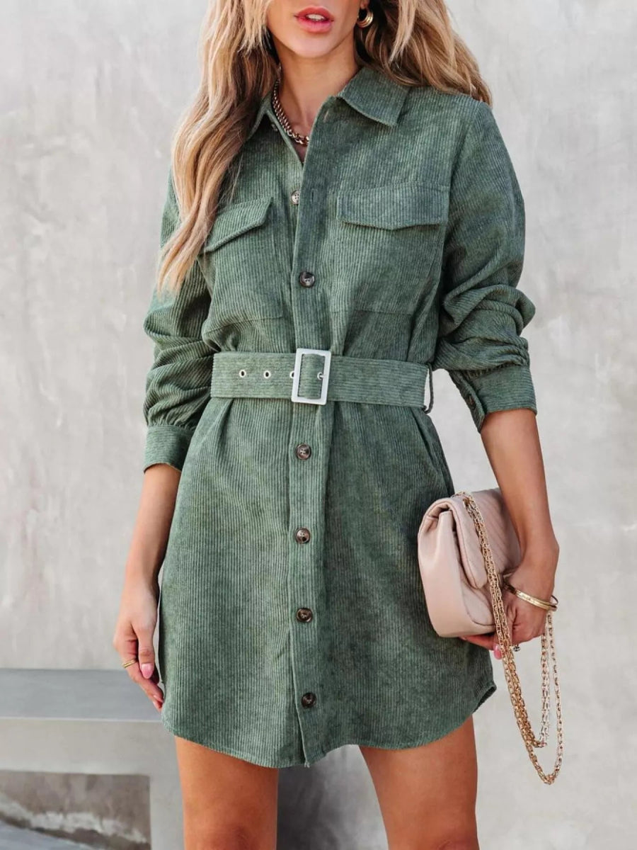 Button Front Belt Long Sleeve Corduroy Dress - CELIVINE