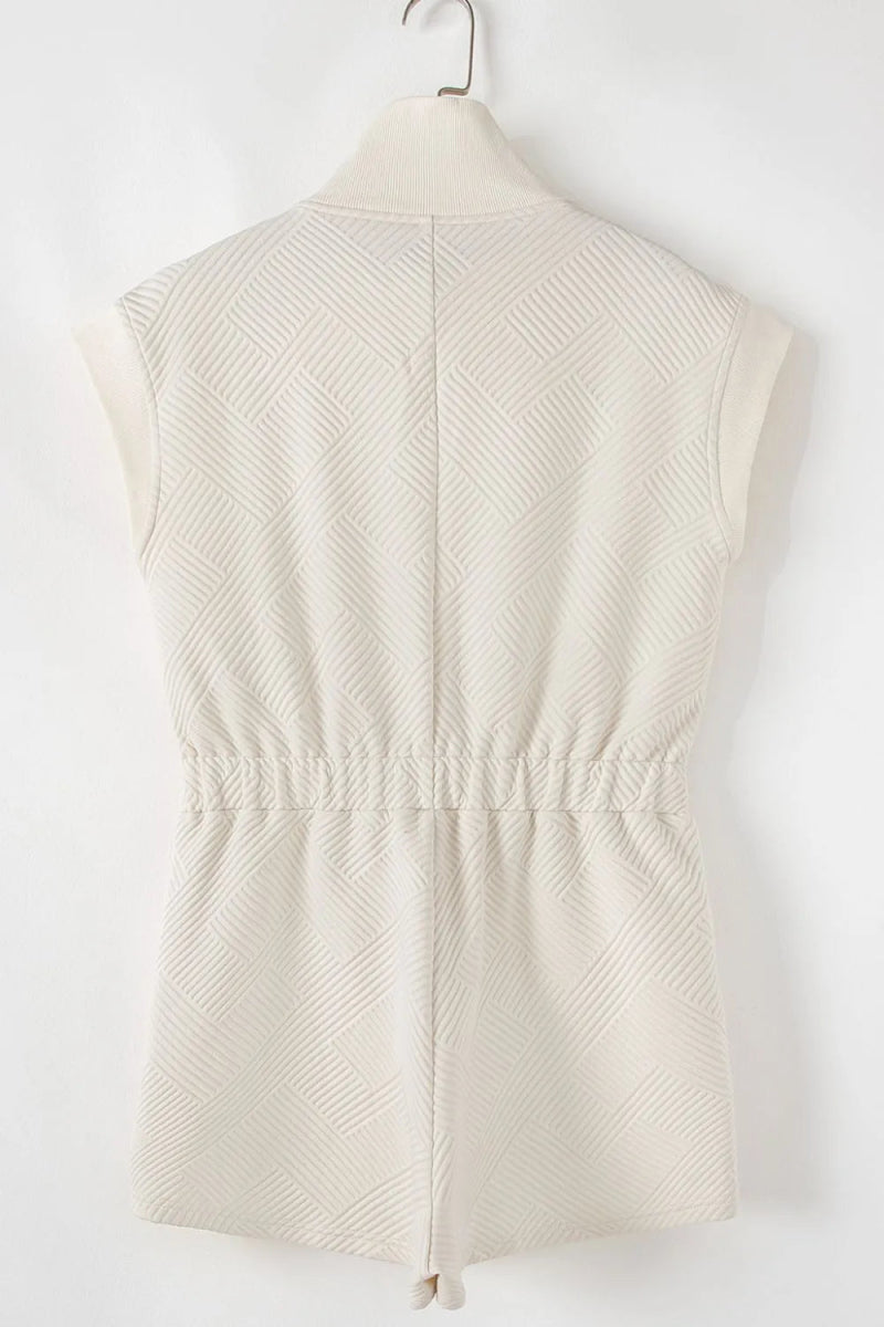 Textured Zip Front Romper with Pockets - CELIVINE