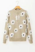 Flower Half Zip Long Sleeve Sweater - CELIVINE