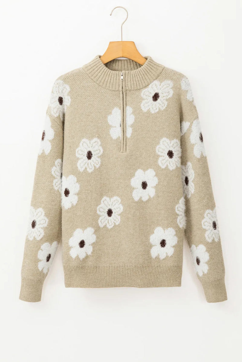 Flower Half Zip Long Sleeve Sweater - CELIVINE