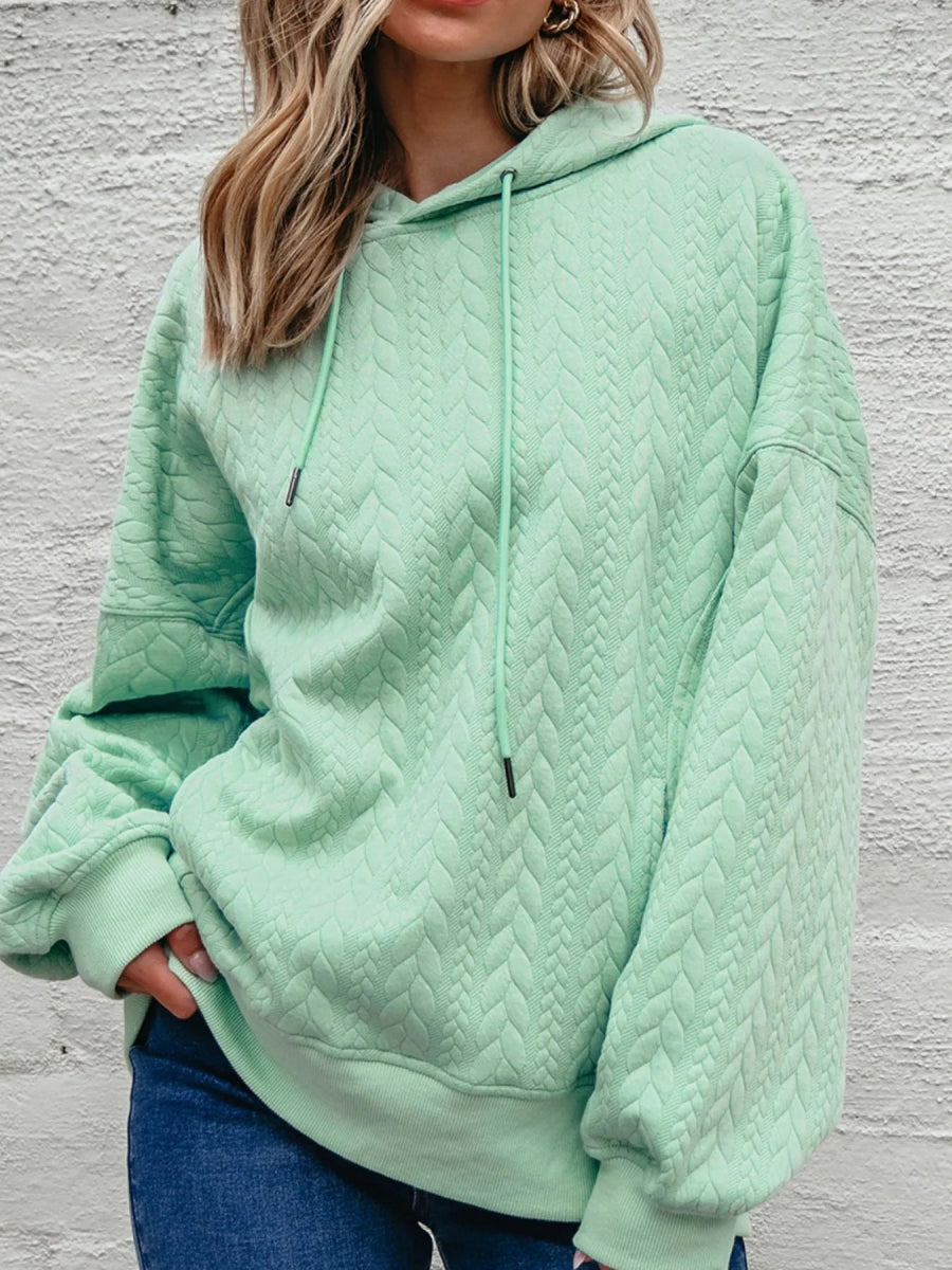 Drawstring Textured Baggy Solid Hoodie - CELIVINE
