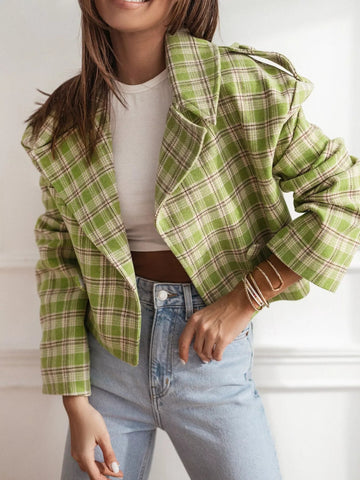 Plaid Lapel Collar Cropped Outerwear - CELIVINE