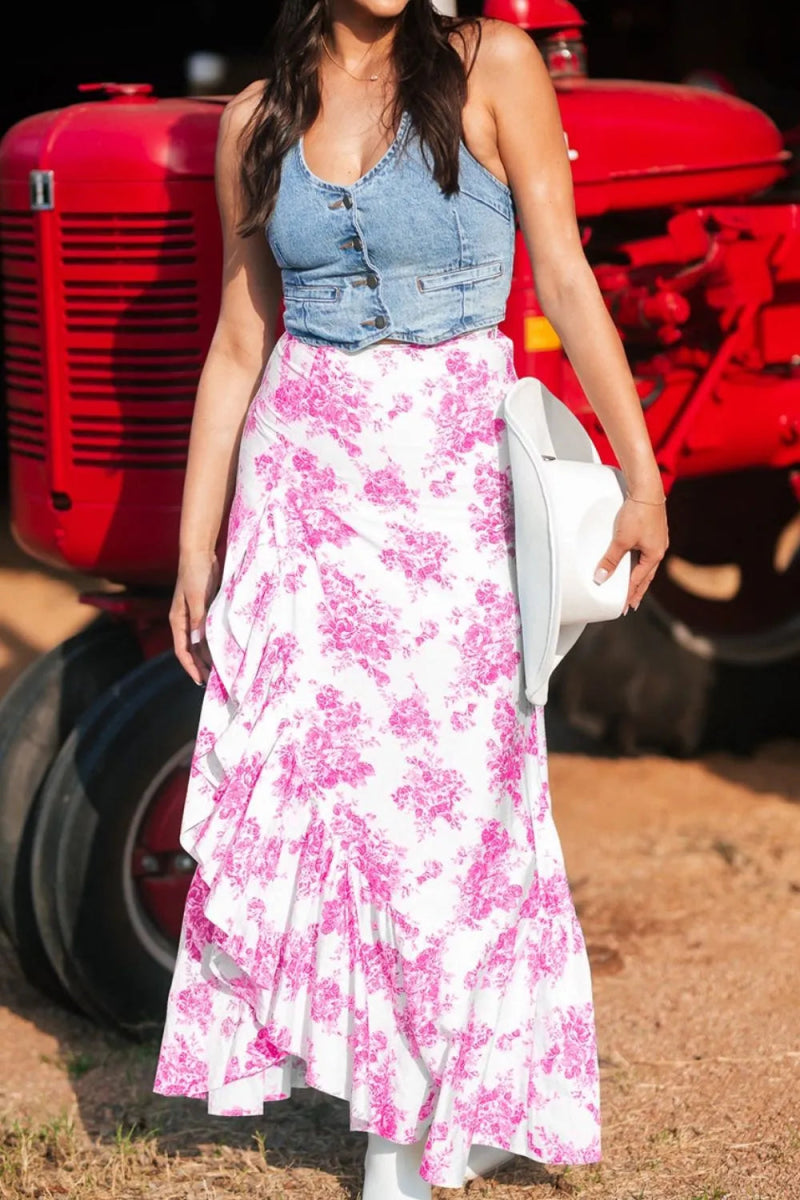Boho Floral High Waist Ruffle Split Maxi Skirt - CELIVINE