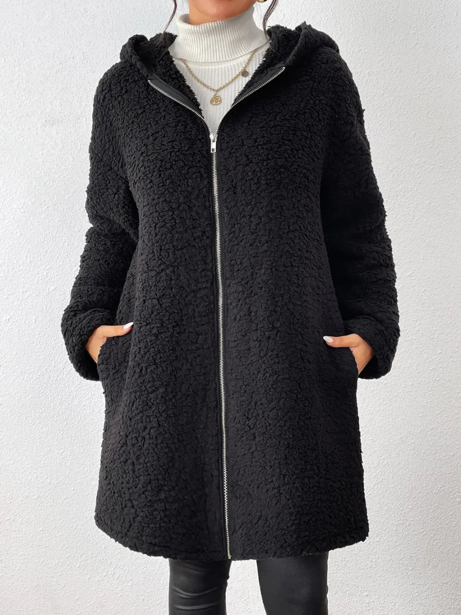 Zip Up Long Sleeve Sherpa Hooded Coat - CELIVINE
