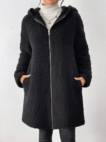 Zip Up Long Sleeve Sherpa Hooded Coat - CELIVINE