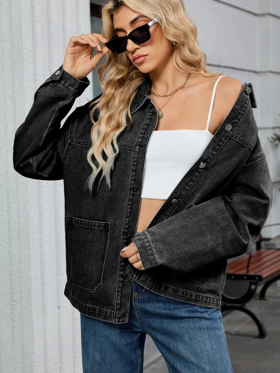 Washed Oversized Button Down Denim Jacket - CELIVINE