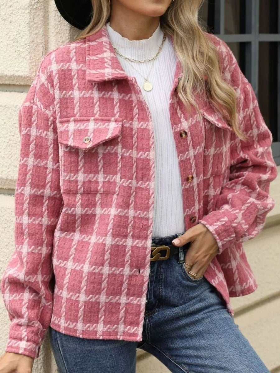 Plaid Button Up Long Sleeve Jacket - CELIVINE