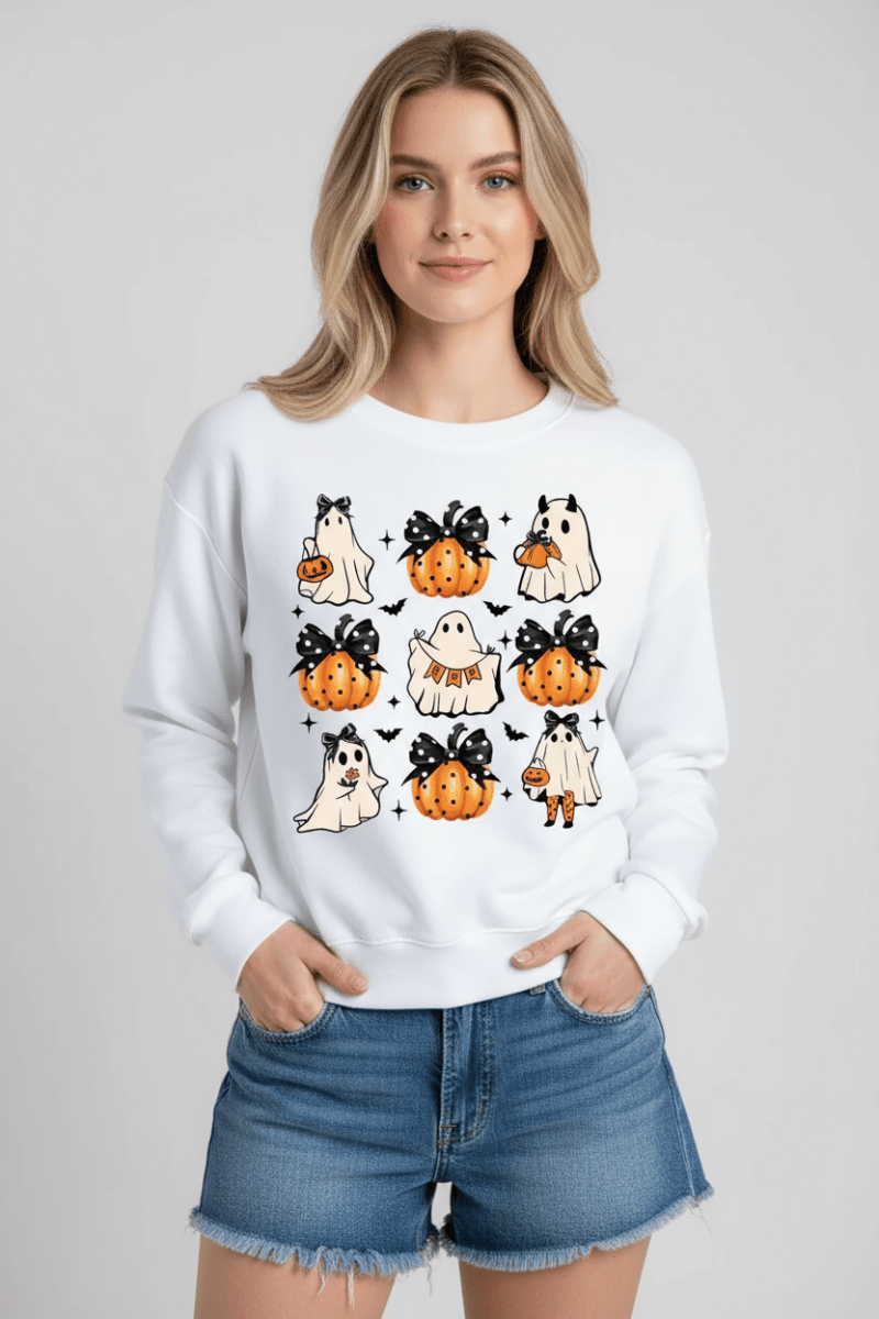 Pumpkin & Ghost Round Neck Long Sleeve Sweatshirt - CELIVINE
