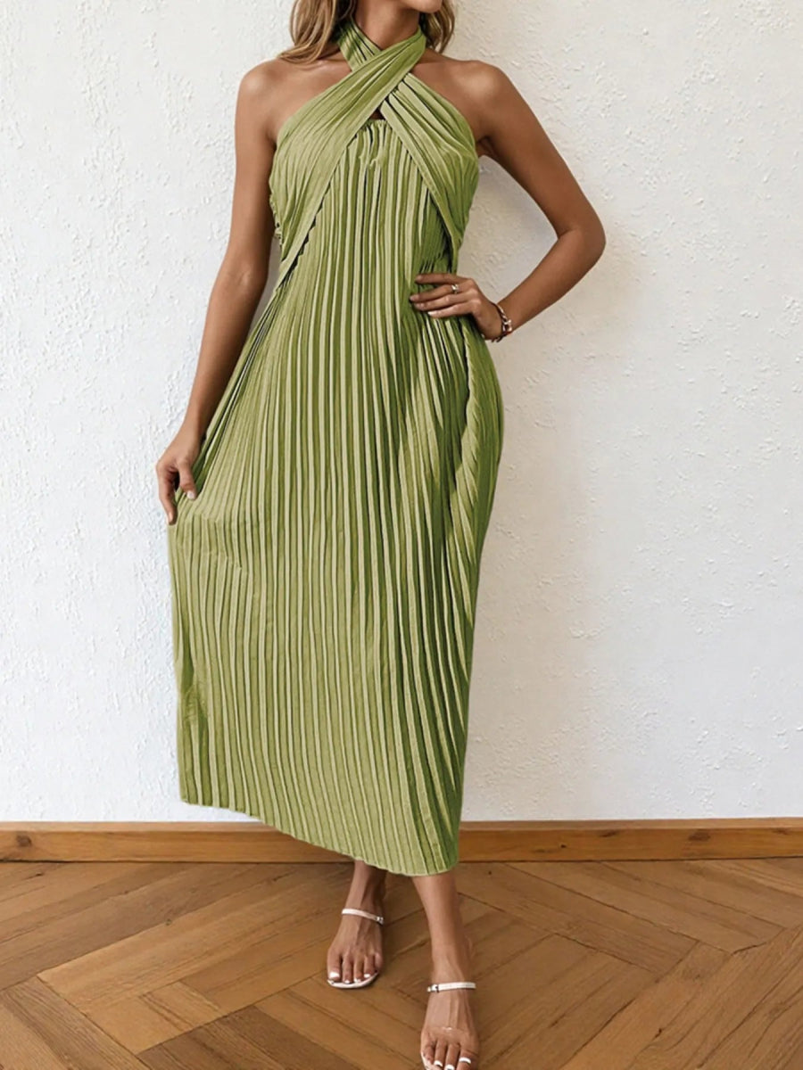 Pleated Halter Neck Midi Dress - CELIVINE