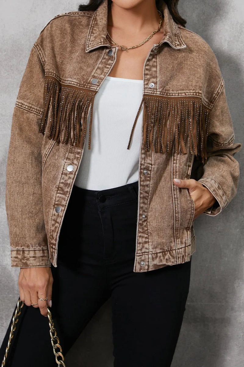 Fringe Trim Snap Down Denim Jacket - CELIVINE