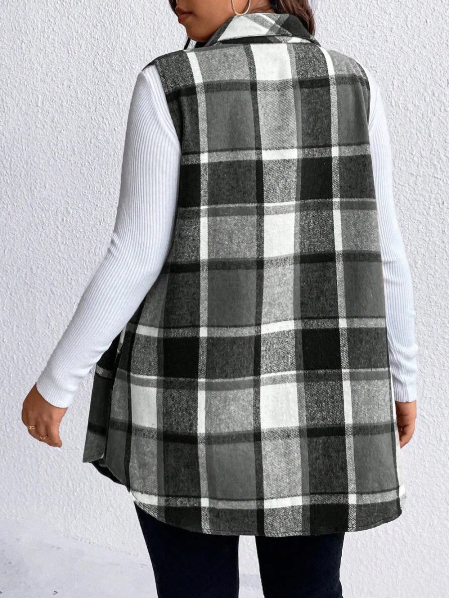 Honey Plus Size Pocketed Plaid Button Up Vest Coat - CELIVINE