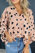 Contrast Animal Print V - Neck Long Sleeve Blouse - CELIVINE