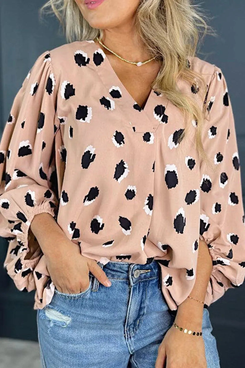 Contrast Animal Print V - Neck Long Sleeve Blouse - CELIVINE