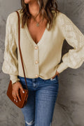 Openwork V - Neck Button Up Cardigan - CELIVINE