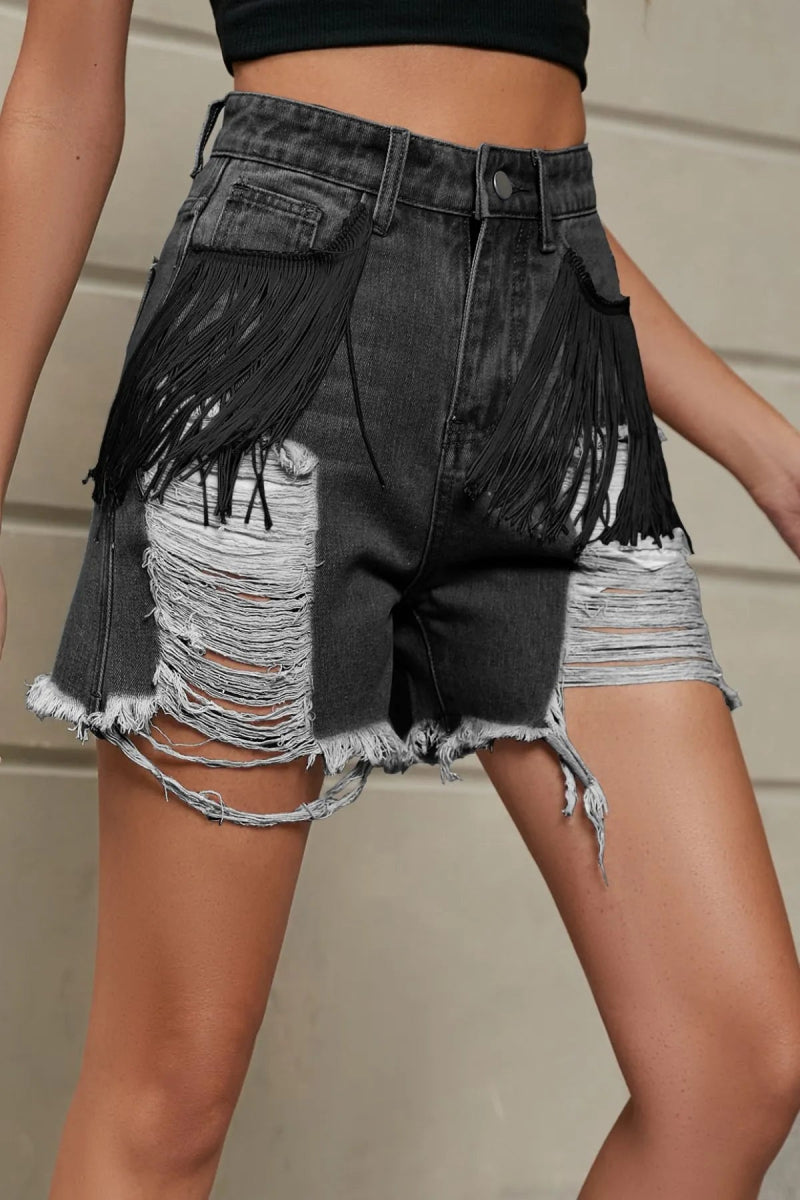 Distressed Fringe Denim Shorts - CELIVINE