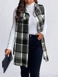 Honey Plus Size Pocketed Plaid Button Up Vest Coat - CELIVINE