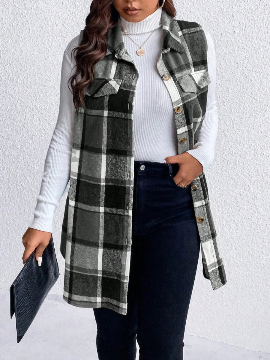Honey Plus Size Pocketed Plaid Button Up Vest Coat - CELIVINE