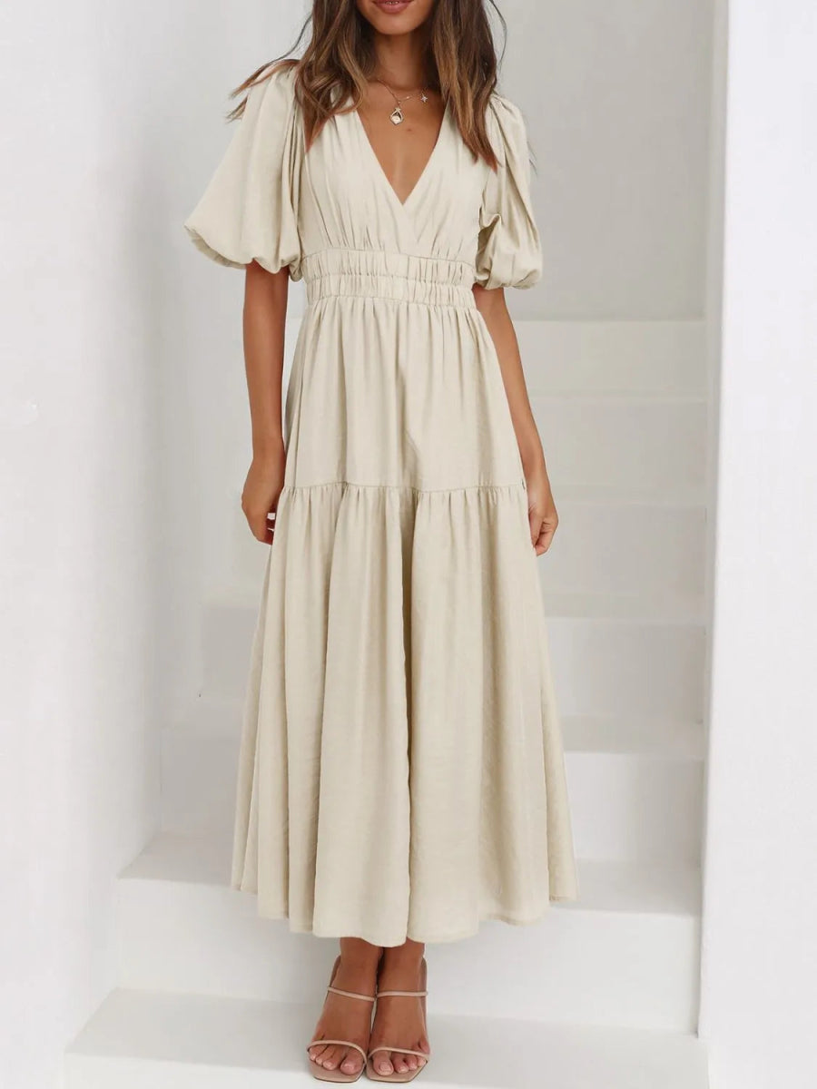 V - Neck Puff Sleeve Midi Dress - CELIVINE
