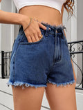 Washed Raw Hem Denim Shorts - CELIVINE