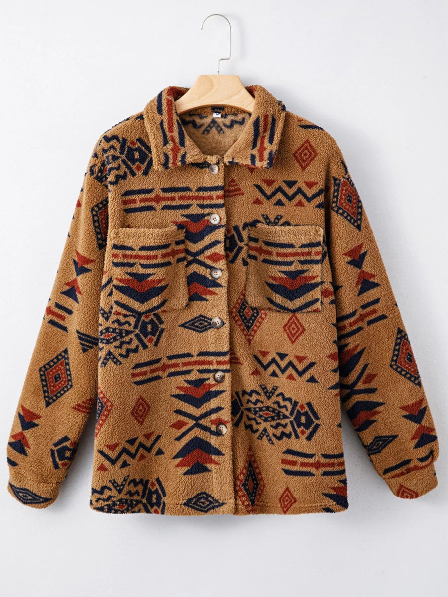 Western Aztec Pattern Fleece Button - Up Shacket - CELIVINE