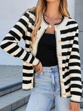Button Down Striped Long Sleeve Cardigan - CELIVINE