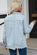 Flap Pocket Raw Hem Denim Jacket - CELIVINE