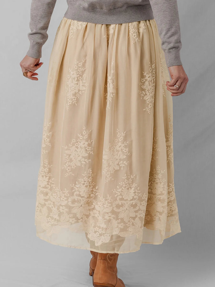 Embroidered Mesh Overlay Flowy Midi Skirt - CELIVINE