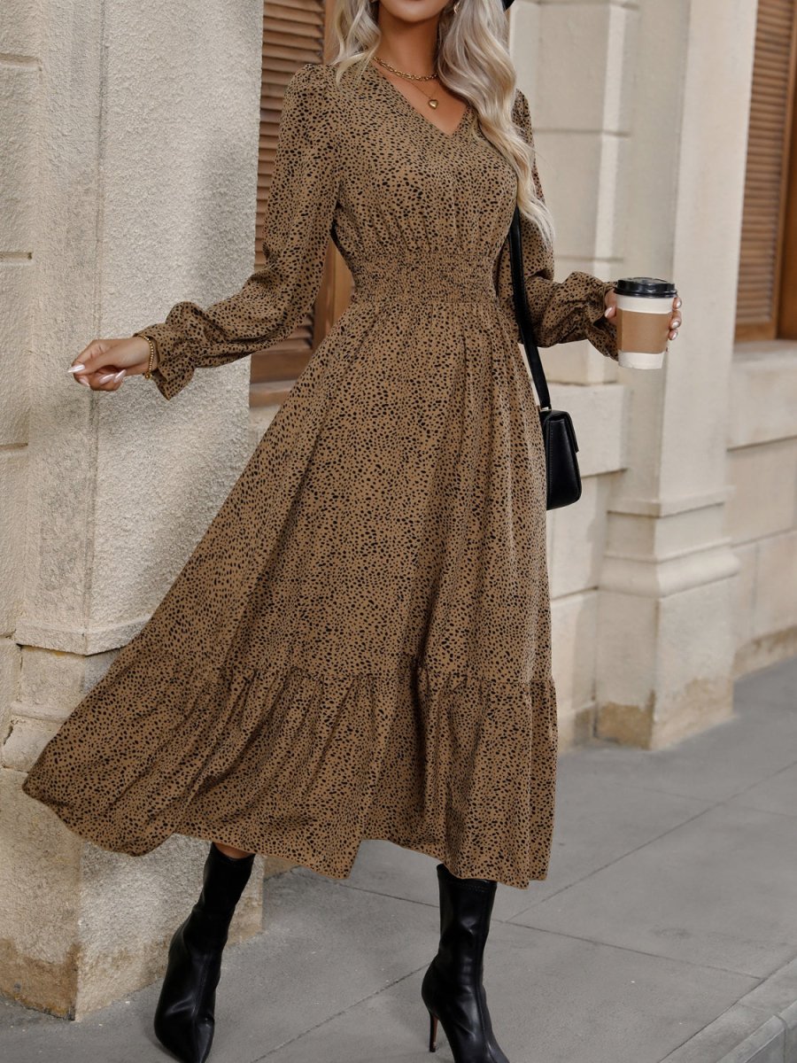 V - Neck Flounce Sleeve Ruffle Hem Dress - CELIVINE