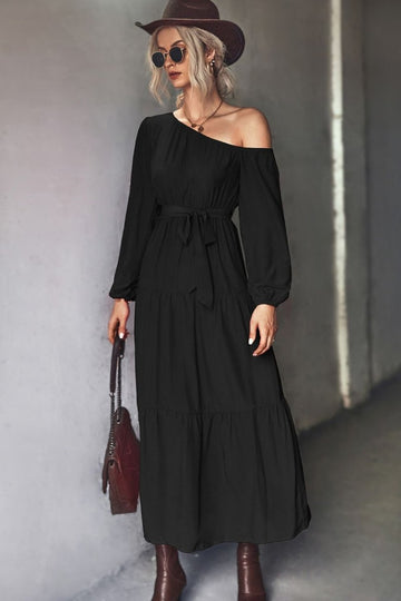Belted One - Shoulder Tiered Maxi Dress - CELIVINE