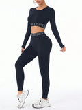 Letter Print Round Neck Long Sleeve Top and Leggings Active Set - CELIVINE