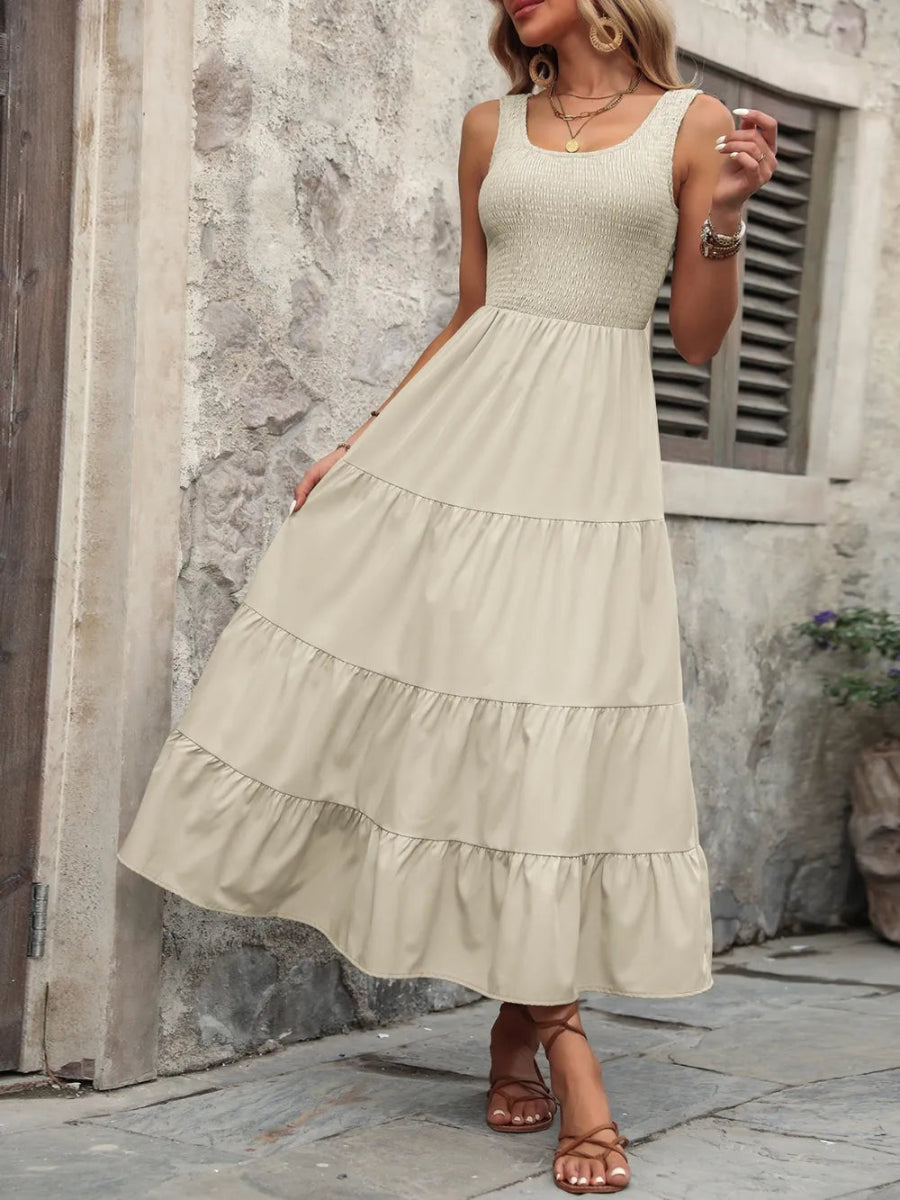 Smocked Scoop Neck Sleeveless Tank Dress - CELIVINE