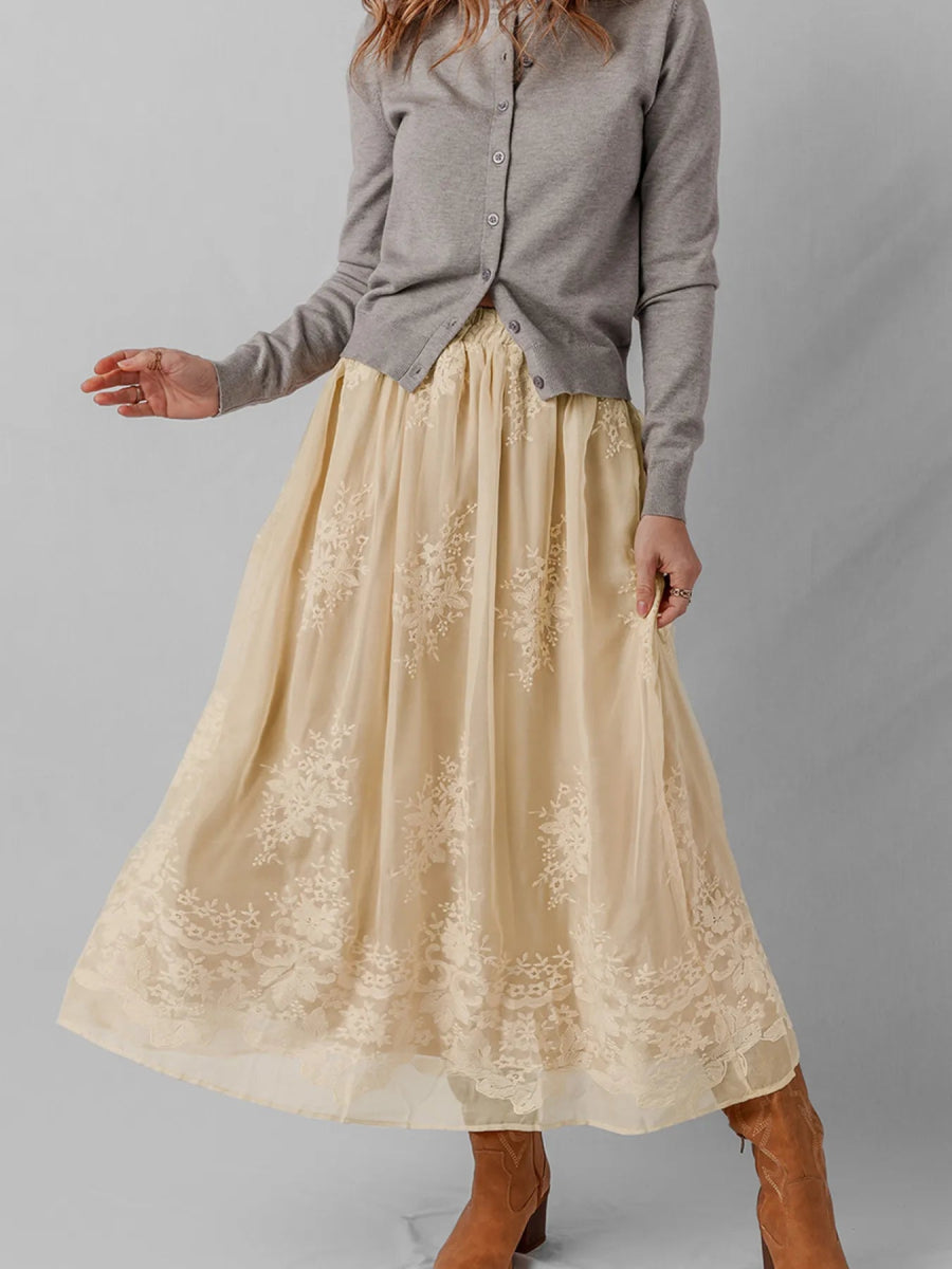 Embroidered Mesh Overlay Flowy Midi Skirt - CELIVINE