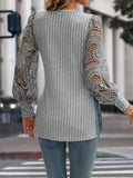 Slit Round Neck Lace Long Sleeve T-Shirt - CELIVINE