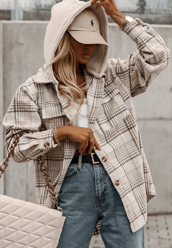 Plaid Removable Hood Button Up Shacket - CELIVINE