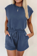 Round Neck Drawstring Waist Romper - CELIVINE