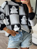 Halloween Ghost Checkered Drop Shoulder Sweater - CELIVINE