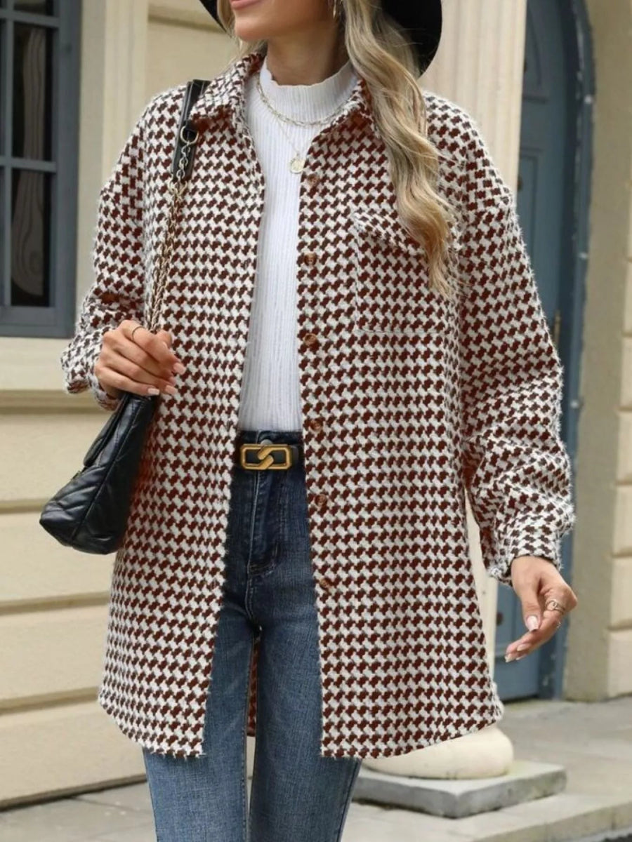 Houndstooth Button Up Long Sleeve Coat - CELIVINE