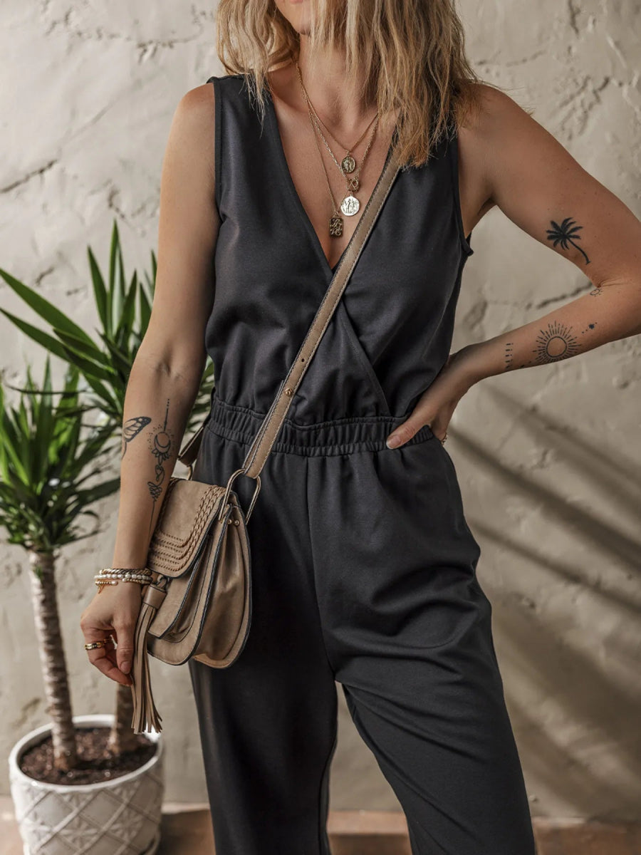 Wrap Surplice Sleeveless High Waist Jumpsuit - CELIVINE