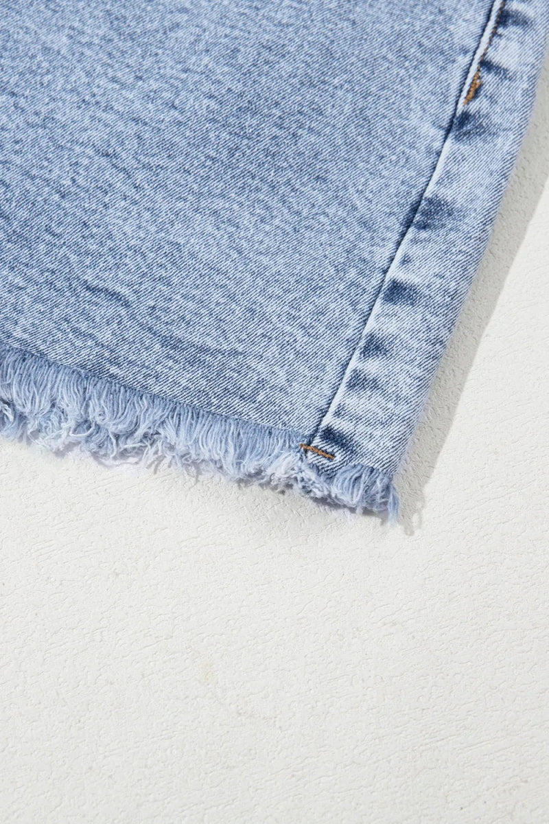 Rhinestone Light Wash Raw Hem High Waist Denim Shorts - CELIVINE