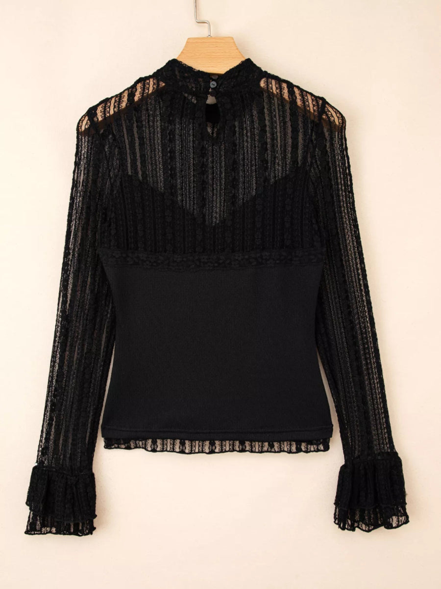 Lace Patchwork Flounce Sleeve Slim Fit Top - CELIVINE