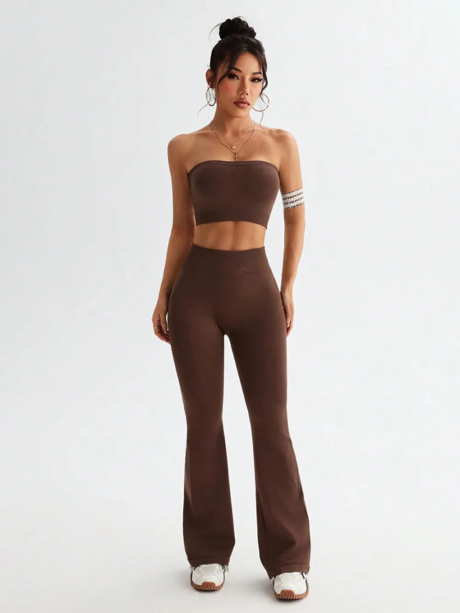Tube Top and High Waist Flare Pants Active Set - CELIVINE