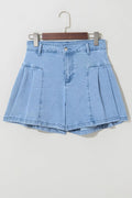 Pleated Patchwork Panel Lightweight Denim Shorts - CELIVINE