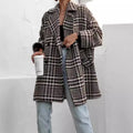 Houndstooth Collared Neck Long Sleeve Coat with Pockets - CELIVINE
