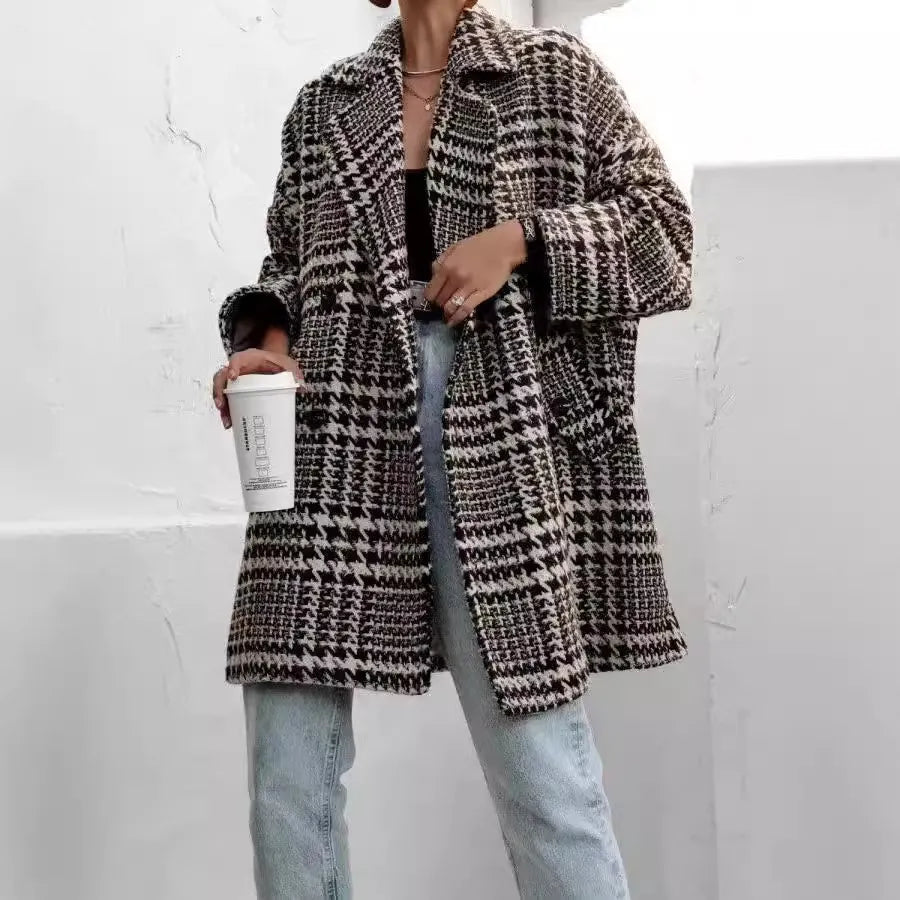 Houndstooth Collared Neck Long Sleeve Coat with Pockets - CELIVINE