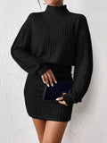 Ribbed Turtleneck Long Sleeve Sweater Dress - CELIVINE