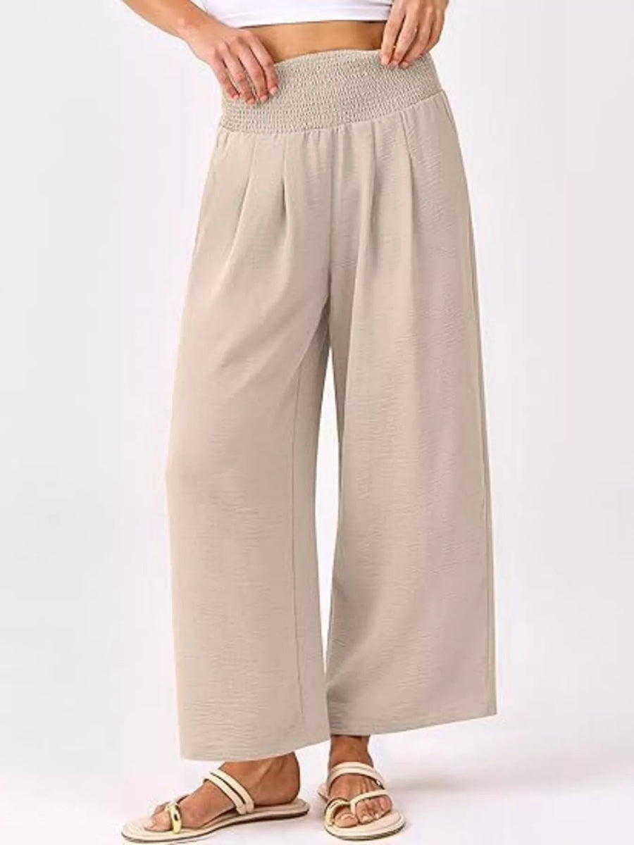 Wide Leg Smocked High Waist Pants - CELIVINE