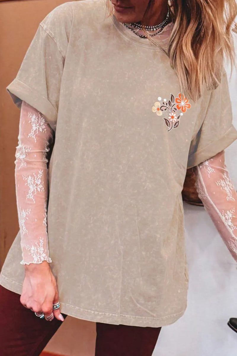 Mineral Wash Floral Steer Head Printed Back Western Fashion Tee - CELIVINE