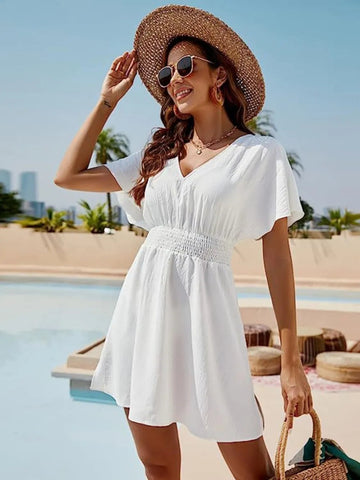 Smocked V - Neck Short Sleeve Dress - CELIVINE