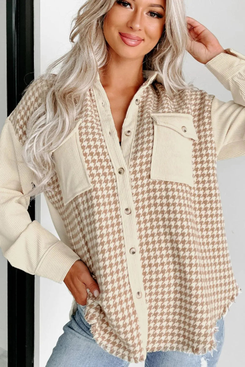 Houndstooth Button Up Long Sleeve Jacket - CELIVINE