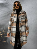 Plaid Collared Neck Long Sleeve Coat - CELIVINE